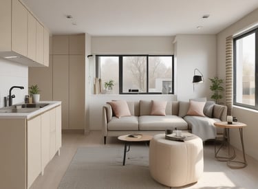 Cozy living room in a charming Alsace rental with warm lighting and tasteful decor.