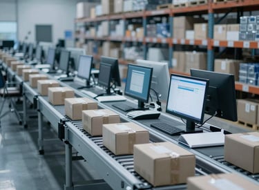 A vibrant workspace showing a laptop with Amazon seller dashboard open, surrounded by product samples.
