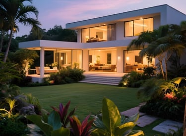 Modern luxury villa at dusk with tropical landscaping, illuminated glass walls, and a manicured lawn.