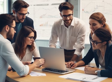 Creative team reviewing campaign results on large screens.