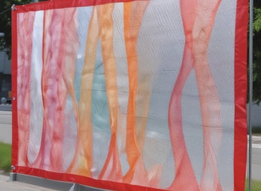 A detailed shot of a printed mesh banner attached to a construction site fence.