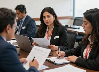 Professional auditor reviewing documents in a modern office setting.