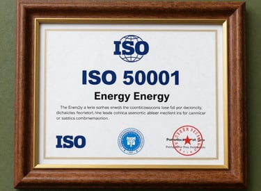 A modern office environment with ISO certification plaques on the wall.