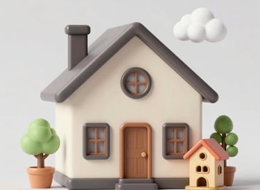 A happy family standing outside their new cozy home on a sunny day.