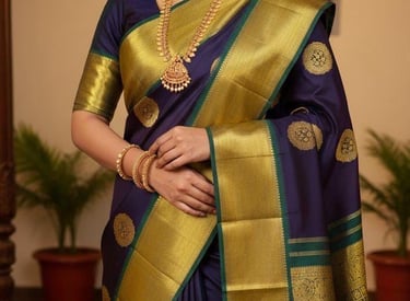 Woman in an elegant navy blue silk saree with gold zari border and traditional Indian jewelry.