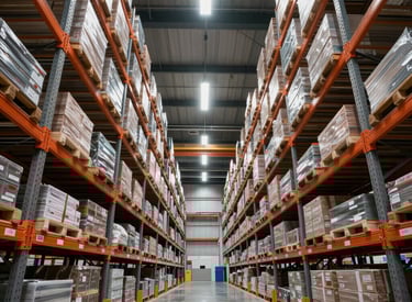 A sleek US-based warehouse with organized shelves and staff preparing shipments.