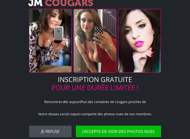 Three attractive women in selfies on the JM Cougars dating site landing page with a free registration offer.
