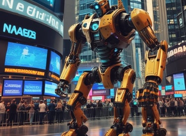 A busy stock exchange floor with real-time AI analytics displays.