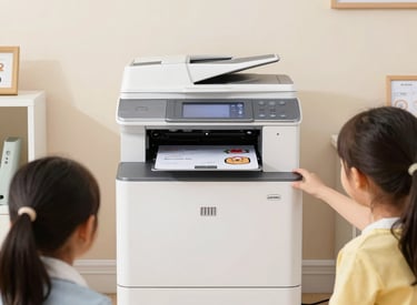 Close-up of vibrant color prints and laminated documents neatly arranged on a desk.