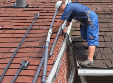A gardener clearing fallen leaves from a vibrant, well-maintained backyard in autumn.