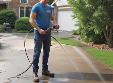 A gardener clearing fallen leaves from a vibrant, well-maintained backyard in autumn.