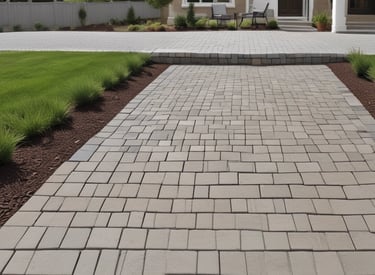 A gardener clearing fallen leaves from a vibrant, well-maintained backyard in autumn.