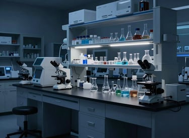 A sleek laboratory bench with vials of research peptides under soft blue lighting.