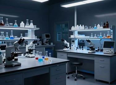 A sleek laboratory bench with vials of research peptides under soft blue lighting.