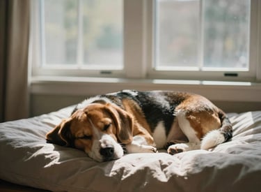 Photography of a comfortable pet boarding room with a large window, featuring a soft bed where a Beagle is napping peacefully in the afternoon North American sun.