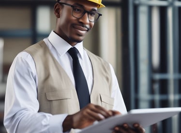 An environmental consultant reviewing documents with a client outdoors near a green landscape.