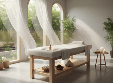 camilla de masaje, con velas y aceites esenciales