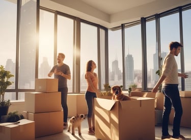 A happy client carrying boxes into a stylish McKinney apartment during a sunny day.