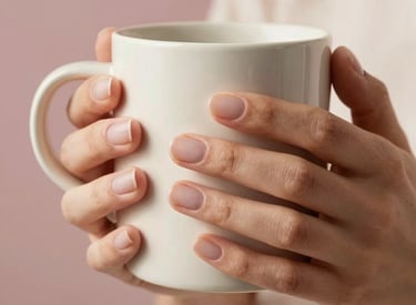 A serene, close-up photograph of clean, neatly manicured natural nails on a hand holding a soft ceramic mug. Light, airy, minimalist aesthetic. Set in a warm ivory and soft rose pink room in the US. Gentle, diffused sunlight highlighting healthy cuticles and natural skin texture.