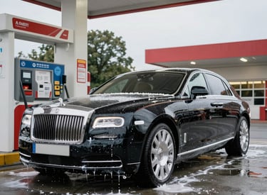 Mobile car detailing setup cleaning a vehicle exterior at a gas station in a German-speaking city.
