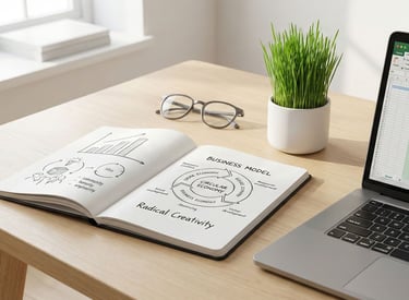 Notebook with a circular business model diagram on a desk next to a laptop and potted plant.