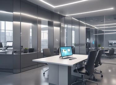 Minimalist office space with gleaming desks and cool gray tones under natural light.