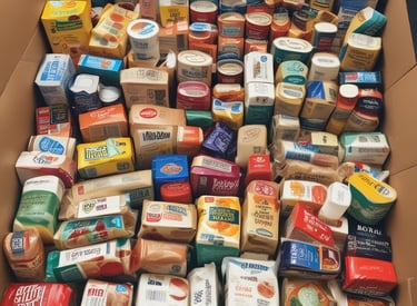 A cardboard box overflowing with assorted packaged pantry food items and canned goods for a food drive.