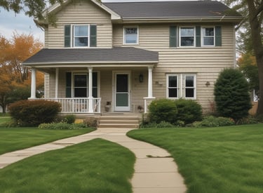 A smiling homeowner shaking hands with Dan in front of a freshly sold house.