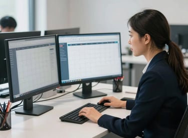 A professional photograph of a focused administrative assistant working at a clean, white modern desk in a North American corporate office. They are looking at a dual-monitor setup showing a calendar application. The room is filled with soft natural light and the atmosphere is efficient.