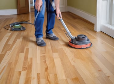 A skilled installer fitting hardwood flooring in a bright, cozy living room.