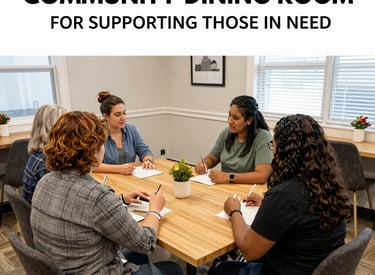 A diverse group of smiling migrants sharing a meal together in a cozy community center.