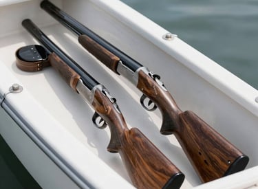 Close-up of hunting gear laid out on the boat’s wooden bench.