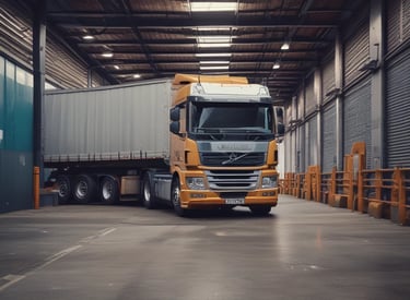 A sleek black and gold delivery truck speeding along a futuristic highway at dusk.