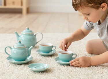 A selection of colorful, safe teething toys arranged neatly on a light blue background.