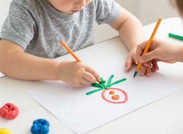 A cozy nursery corner with soft wooden toys and pastel blue cushions.