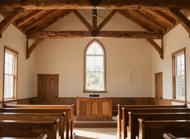 A peaceful interior of a North American community chapel with warm wood beams and cream-colored walls, soft morning light streaming through windows, creating a serene and inviting atmosphere for spiritual reflection.