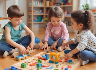 Colorful display of learning toys arranged on shelves in a playful store corner.