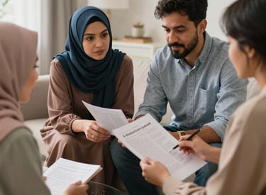 A friendly finance advisor discussing loan options with a smiling family in a bright, modern office.