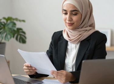 A confident business owner reviewing financial documents in a bright office.