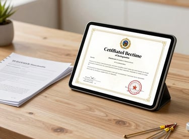 A South Asian / Indian professional desk setting featuring a digital tablet showing a certificate of registration, alongside official documents and a set of intricate embroidery needles. The background is a clean, bright home office with warm wooden tones and soft daylight.