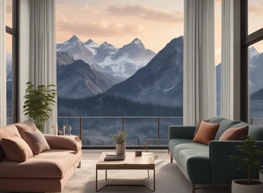 A happy family unpacking boxes in their new Colorado apartment with mountain views outside the window.