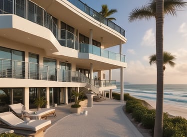 A sleek Miami waterfront condo with sunset reflections on glass.
