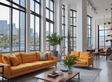 Elegant lobby entrance with marble floors and contemporary art.