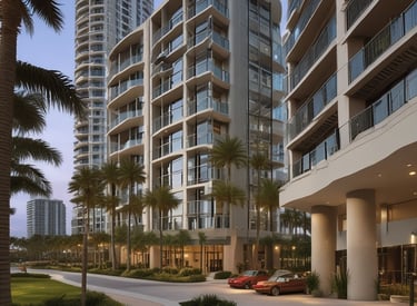 Modern high-rise apartment building with palm trees.