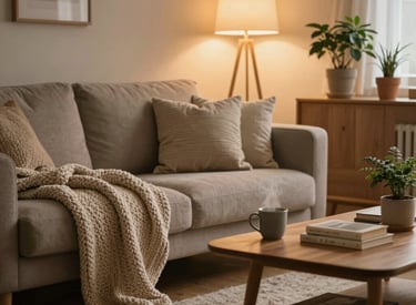 A sunlit cozy cottage nook with soft textiles, vintage decor, and organized shelves filled with charming finds.