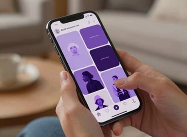 Close-up photography of a person's hands in a cozy North American living room holding a modern smartphone, displaying a beautifully curated social media profile with soft lavender and deep purple tones.
