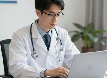 Close-up of hands organizing credentialing paperwork with a stethoscope on the desk.