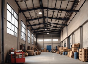 A modern warehouse with large loading docks under a clear blue sky.