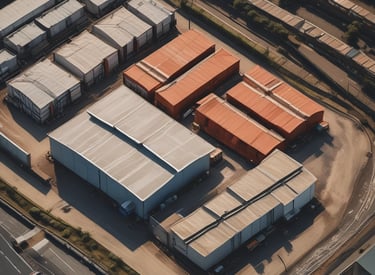 A spacious industrial lot with marked parking and surrounding greenery.