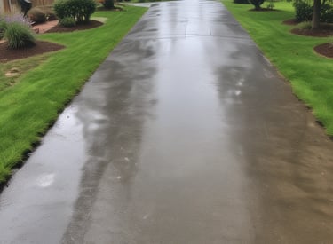 Pressure washing a driveway, clear water spray removing dark stains in bright daylight.